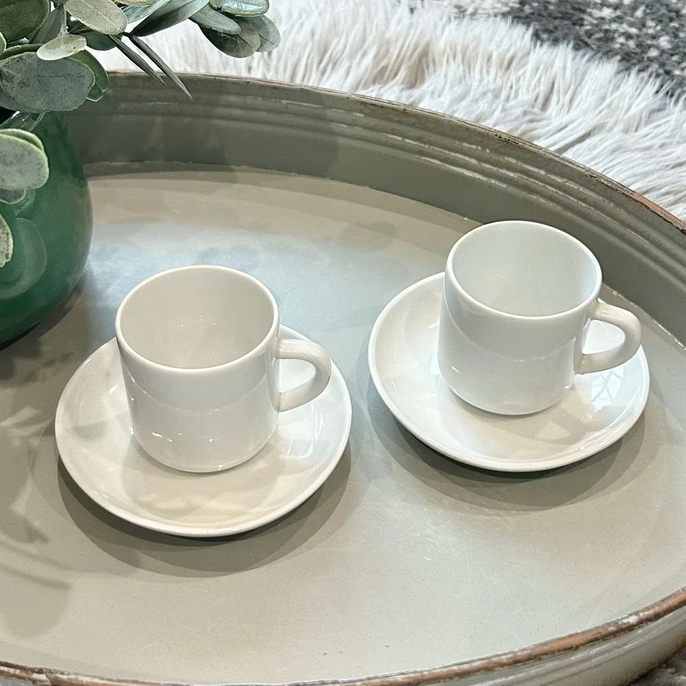 Vintage White Porcelain Espresso Cup and Saucer Set of 2 Minimalist Demitasse